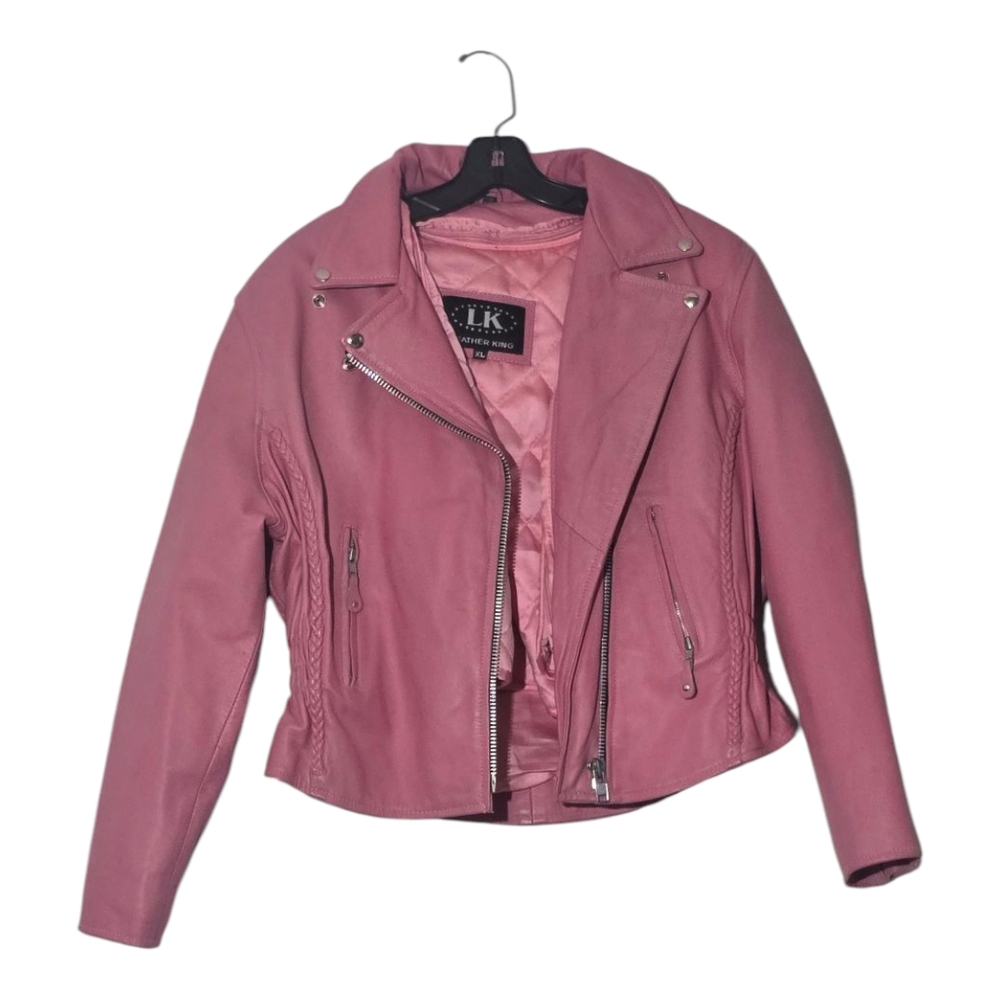 Pink Leather Motorcycle Jacket with Notched Lapel